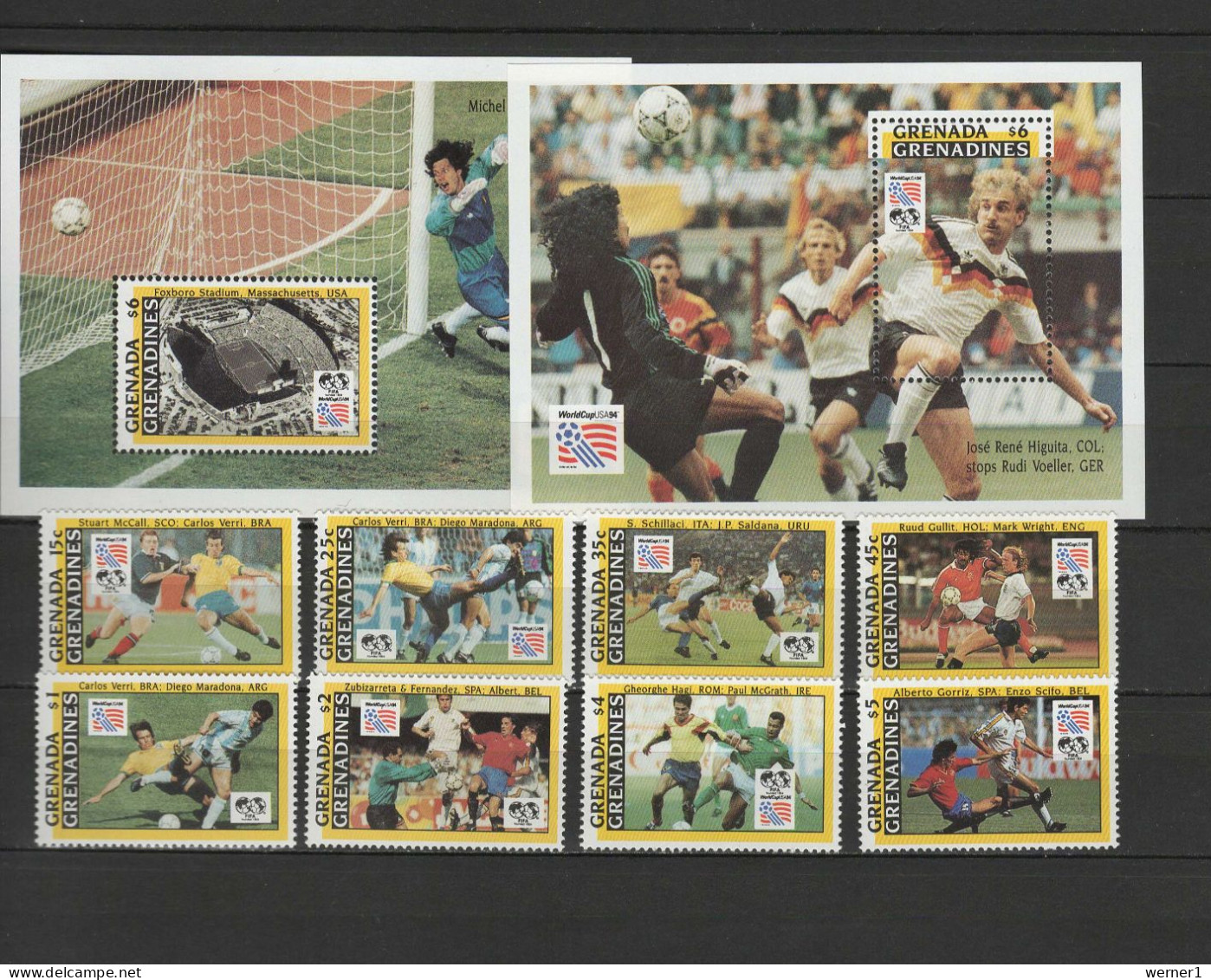 Grenada - Grenadines 1993 Football Soccer World Cup Set Of 8 + 2 S/s MNH - 1994 – États-Unis