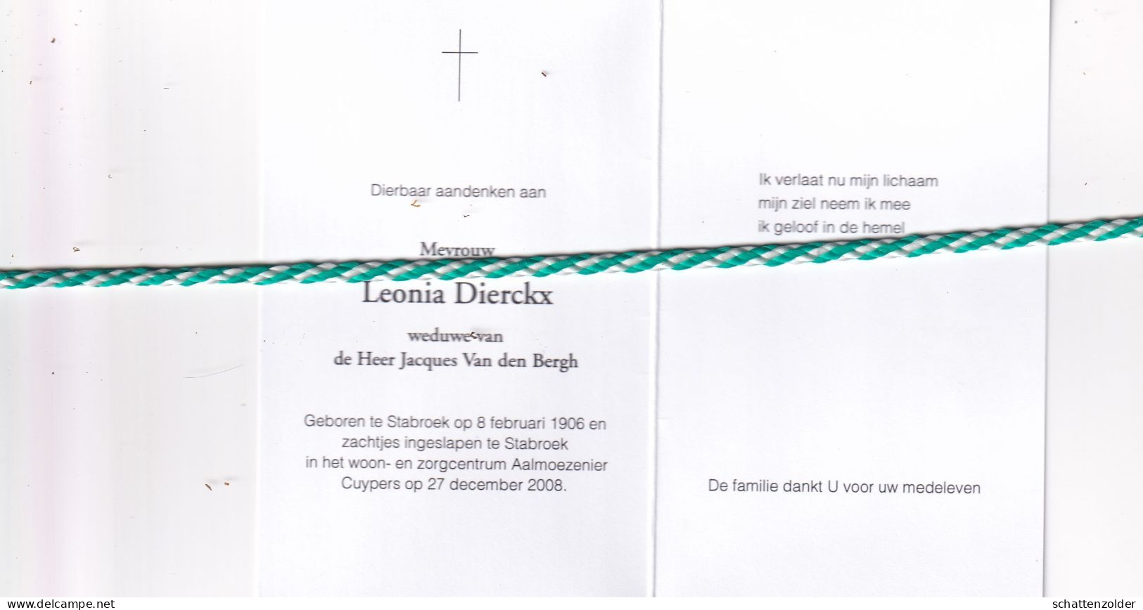 Leonia Dierckx-Van Den Bergh, Stabroek 1906, 2008. Honderdjarige, Foto - Esquela