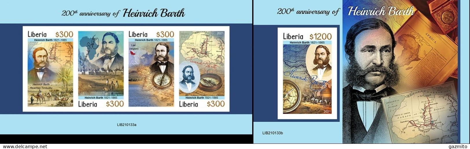 Liberia 2021, Explorer, H. Barth, Maps, 4val In BF +BF IMPERFORATED - Explorers