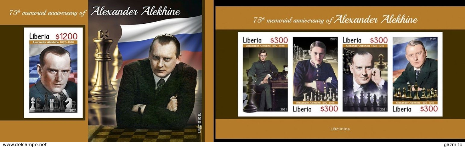 Liberia 2021, Chess, A. Alekhine, 4val In BF +BF IMPERFORATED - Chess