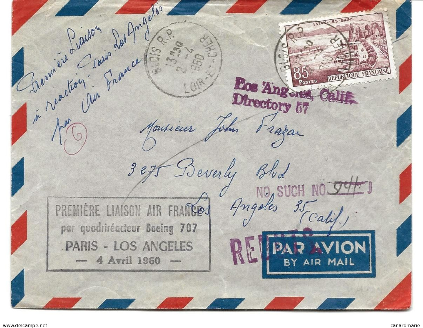 LETTRE PAR AVION PREMIER VOL POUR LES USA  1960  AVEC TIMBRE A 85 FR EVIAN-LES-BAINS ET CACHET DE REBUTS - 1921-1960: Periodo Moderno