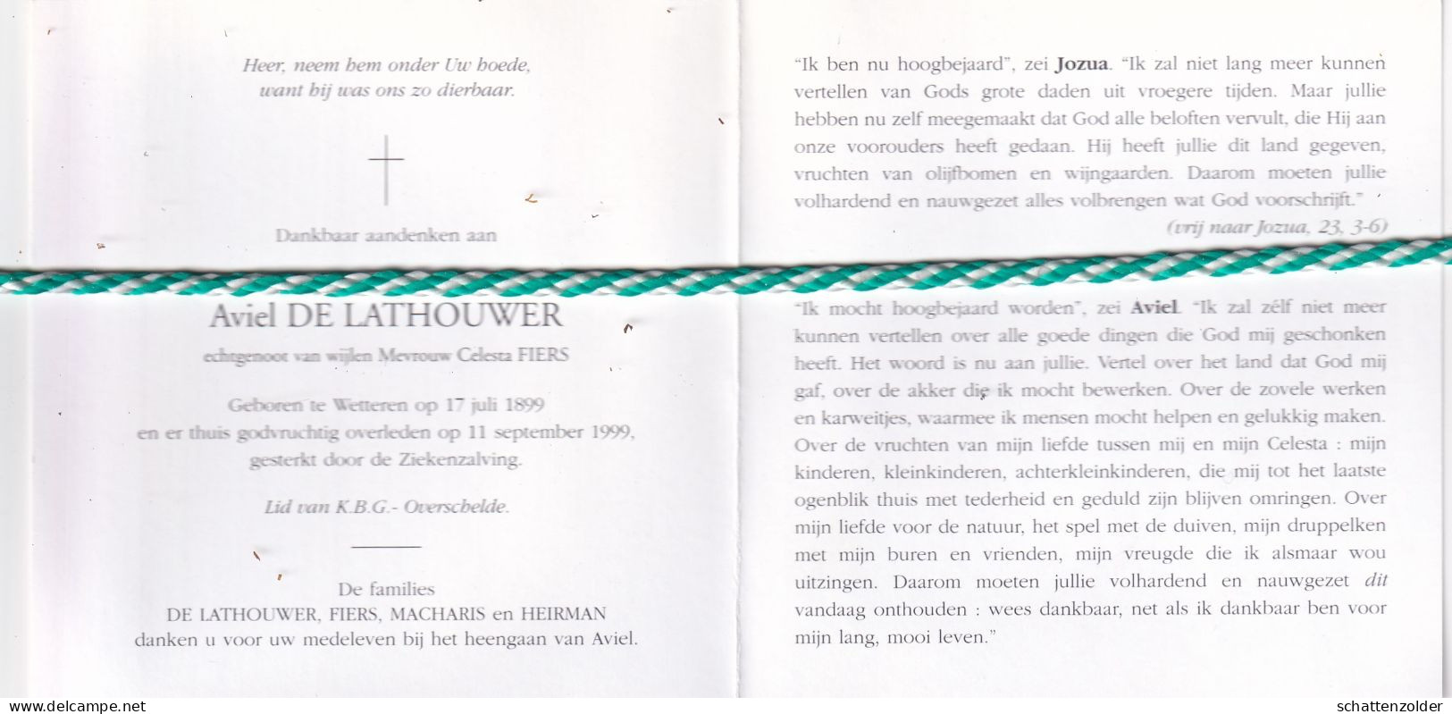 Aviel De Lathouwer-Fiers, Wetteren 1899, 1999. Honderdjarige. Foto - Esquela