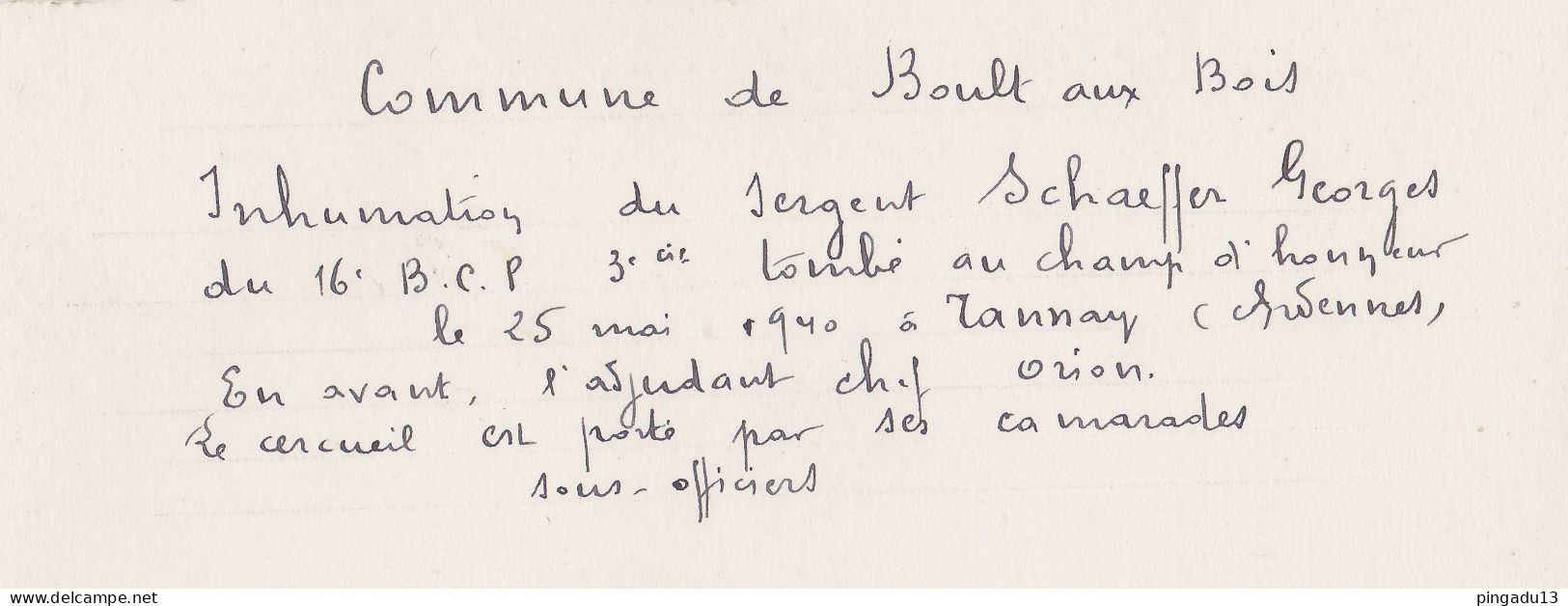 France Ardennes WW2 Boult Aux Bois Inhumation Sergent Schaeffer G 16 E BCP Tombé 25 Mai 1940 à Tannay - 1939-45