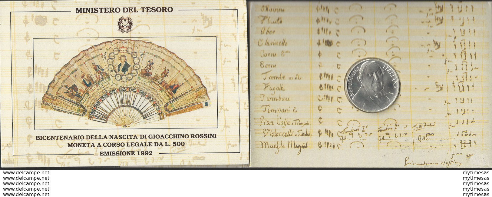 1992 Italia L. 500 Argento Gioacchino Rossini In Folder - Autres & Non Classés