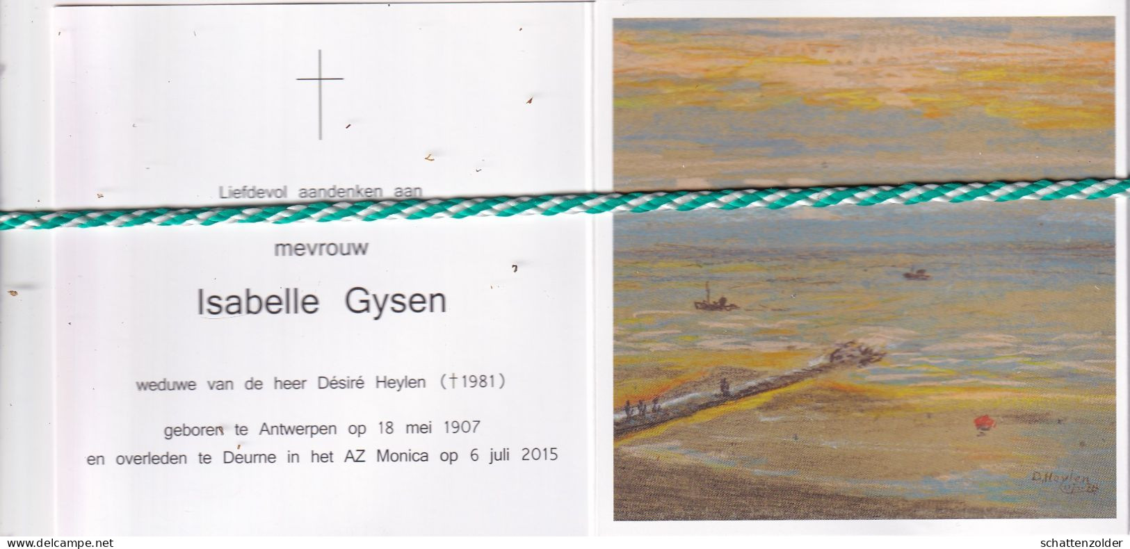 Isabelle Gysen-Heylen, Antwerpen 1907, Deurne 2015. Honderdjarige. Foto Schilderij - Esquela