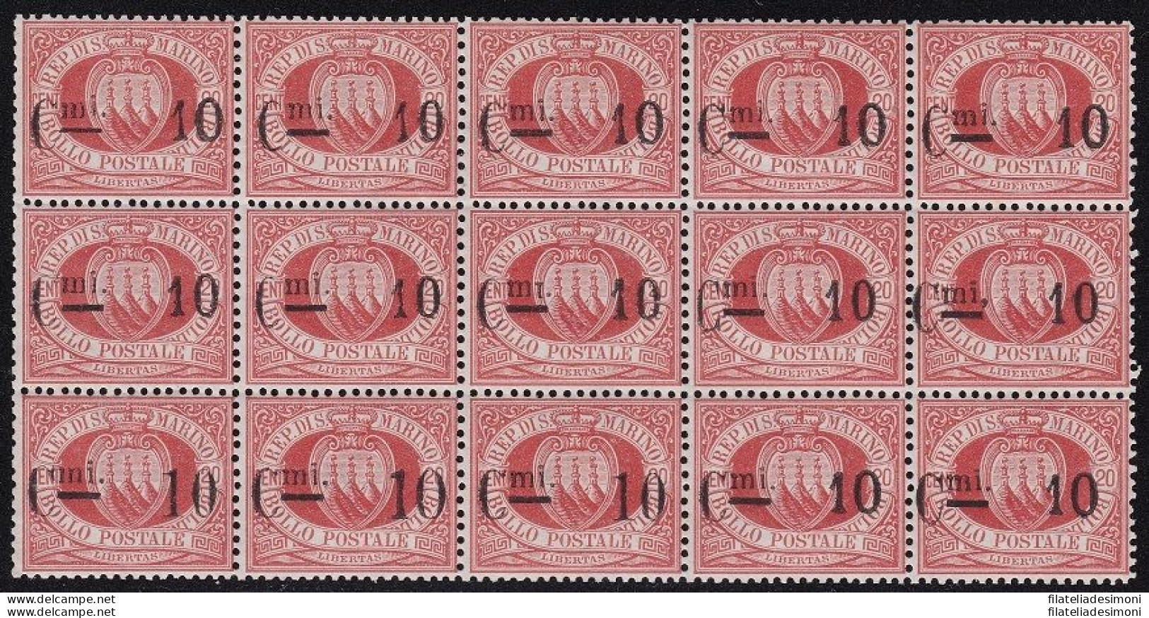 1892 SAN MARINO, N° 10 10c. Su 20c. Rosso BLOCCO DI 15  MNH** Firma Bolaffi - Autres & Non Classés