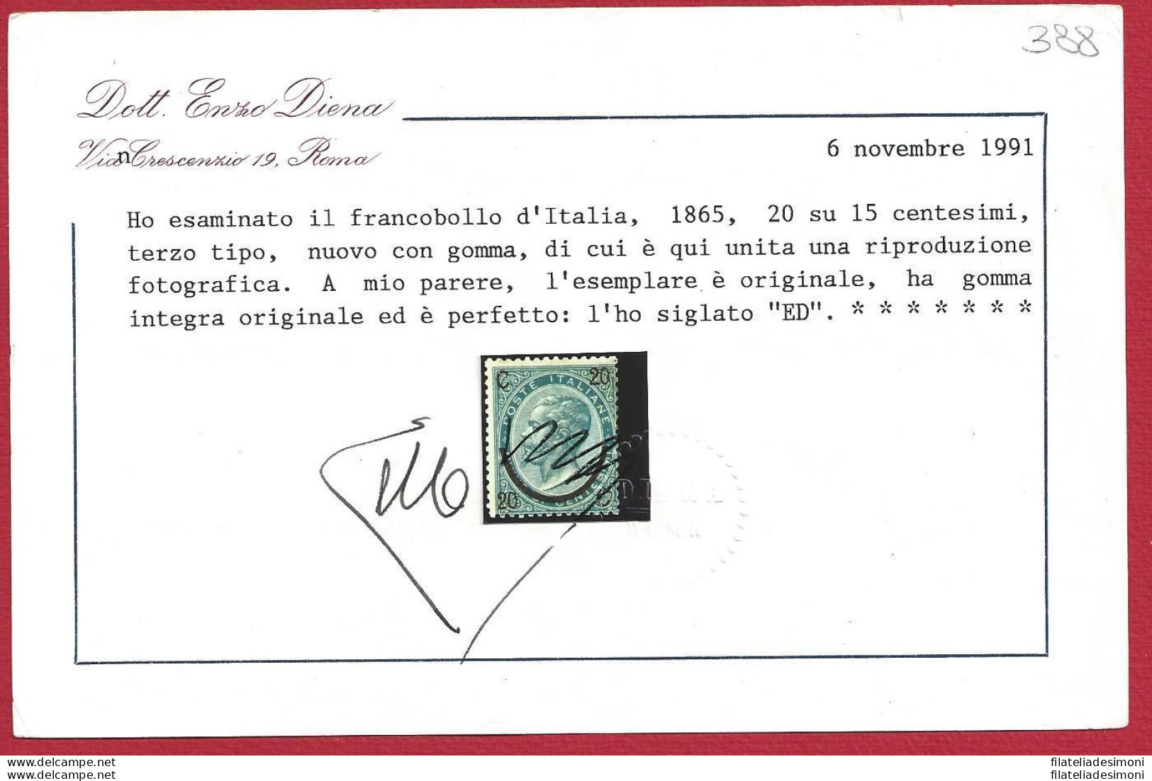 1865 Italia - Regno , N° 25  &quot;Ferro Di Cavallo&quot; III° Tipo  MNH/** Ce - Autres & Non Classés