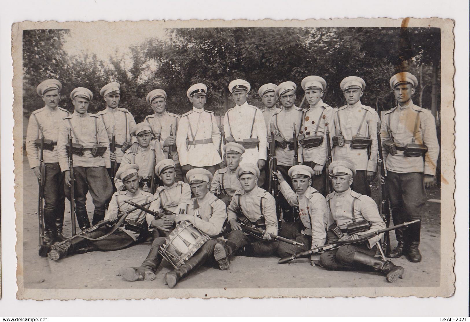 Bulgaria Bulgarian Soldiers With Rifles And Ammo Pouch, Military Drummer, Portrait, 1930s Orig Photo 13.7x8.7cm. (263) - Guerre, Militaire