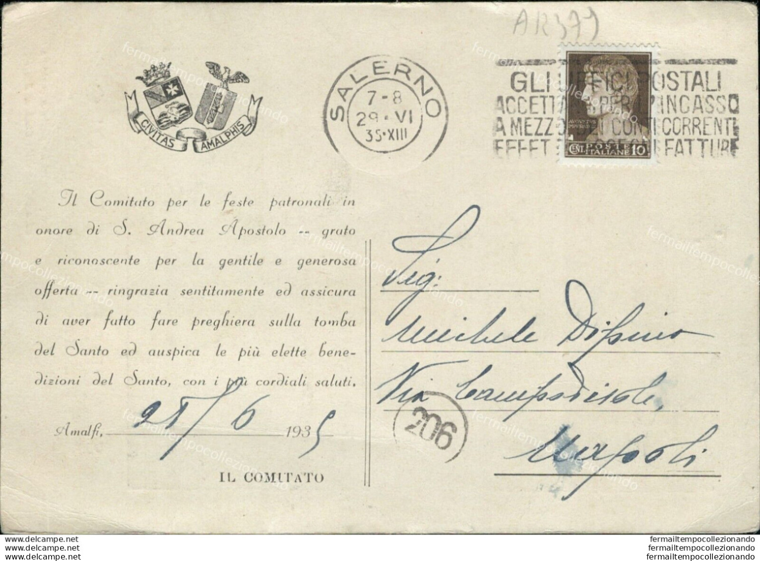 Ar379 Cartolina S.andrea Apostolo Patrono Di Amalfi 1935 Provincia Di Salerno - Salerno
