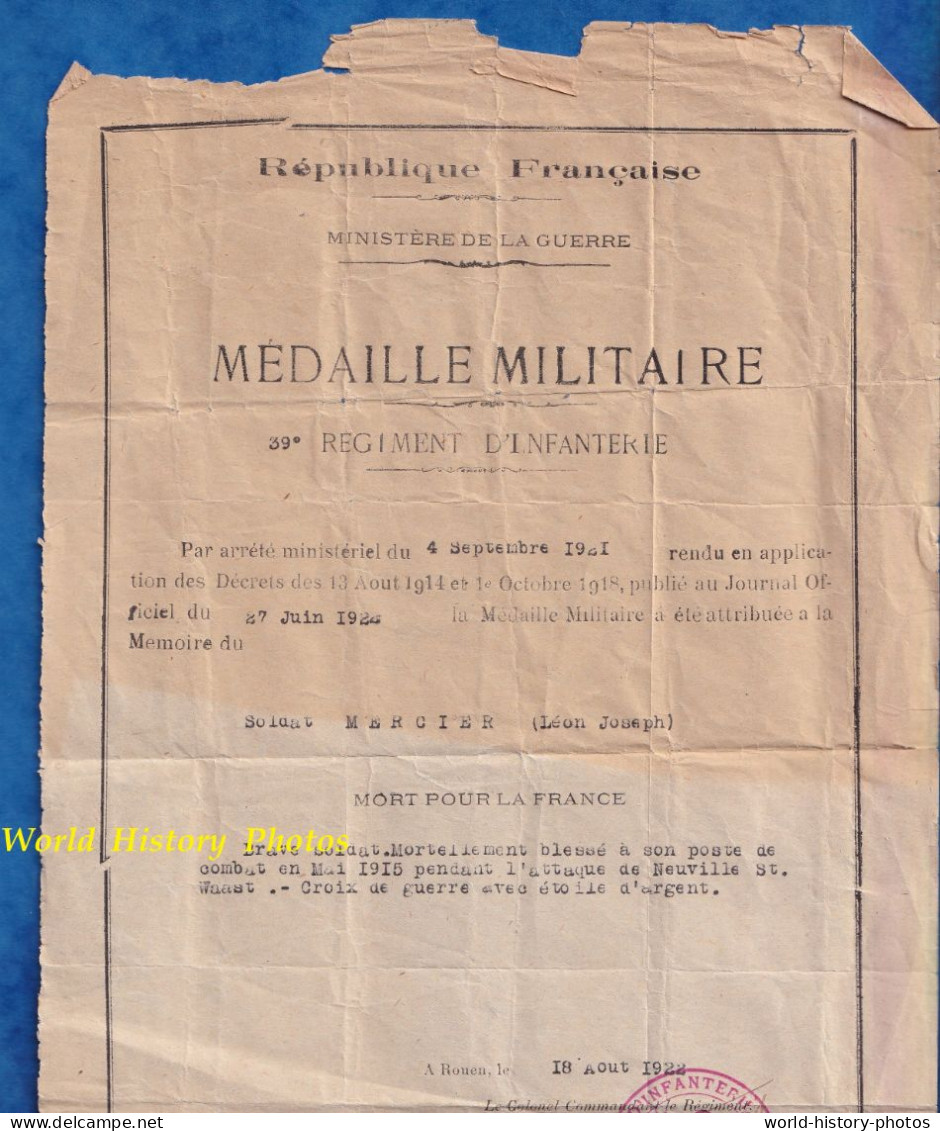 Médaille - Soldat Léon Joseph MERCIER 39e Régiment Tué à Aubigny En Artois Neuville Saint Waast WW1 Poilu Né à Caorches - 1914-18