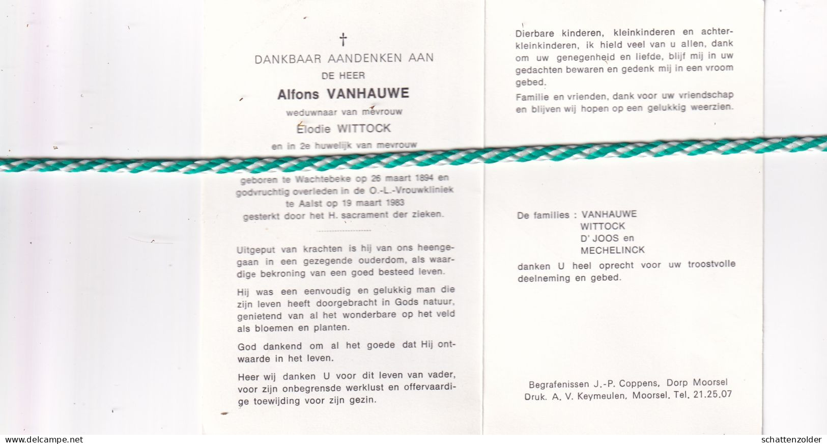 Alfons Vanhauwe-Wittock-D'Joos, Wachtebeke 1894, Aalst 1983 - Obituary Notices
