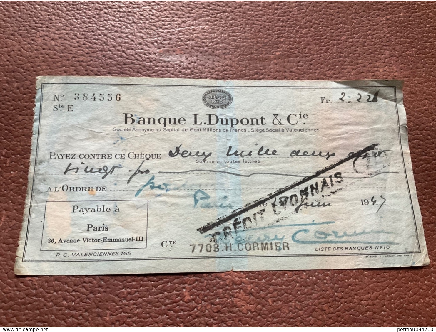 BANQUE L.DUPONT & CIE Chèque Bancaire ANNÉE 1943 - Cheques & Traveler's Cheques
