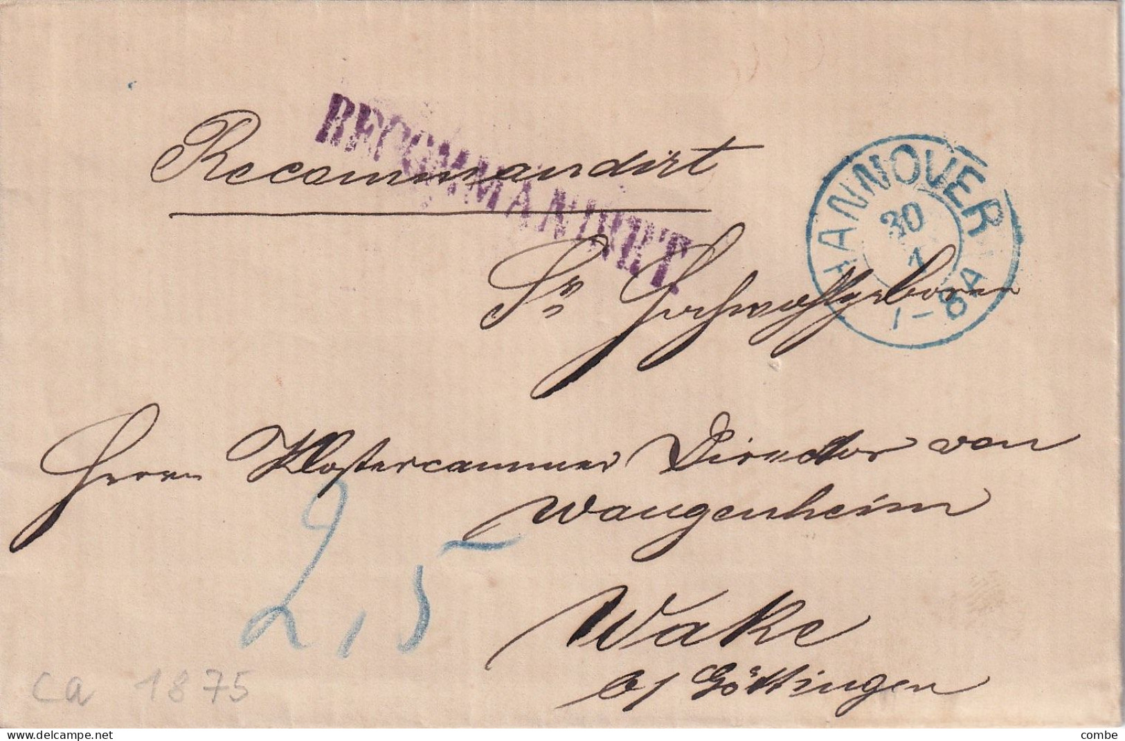 VIEILLE LETTRE ALLEMAGNE. RECOMMANDIRT. HANNOVER - WAKE - Prephilately