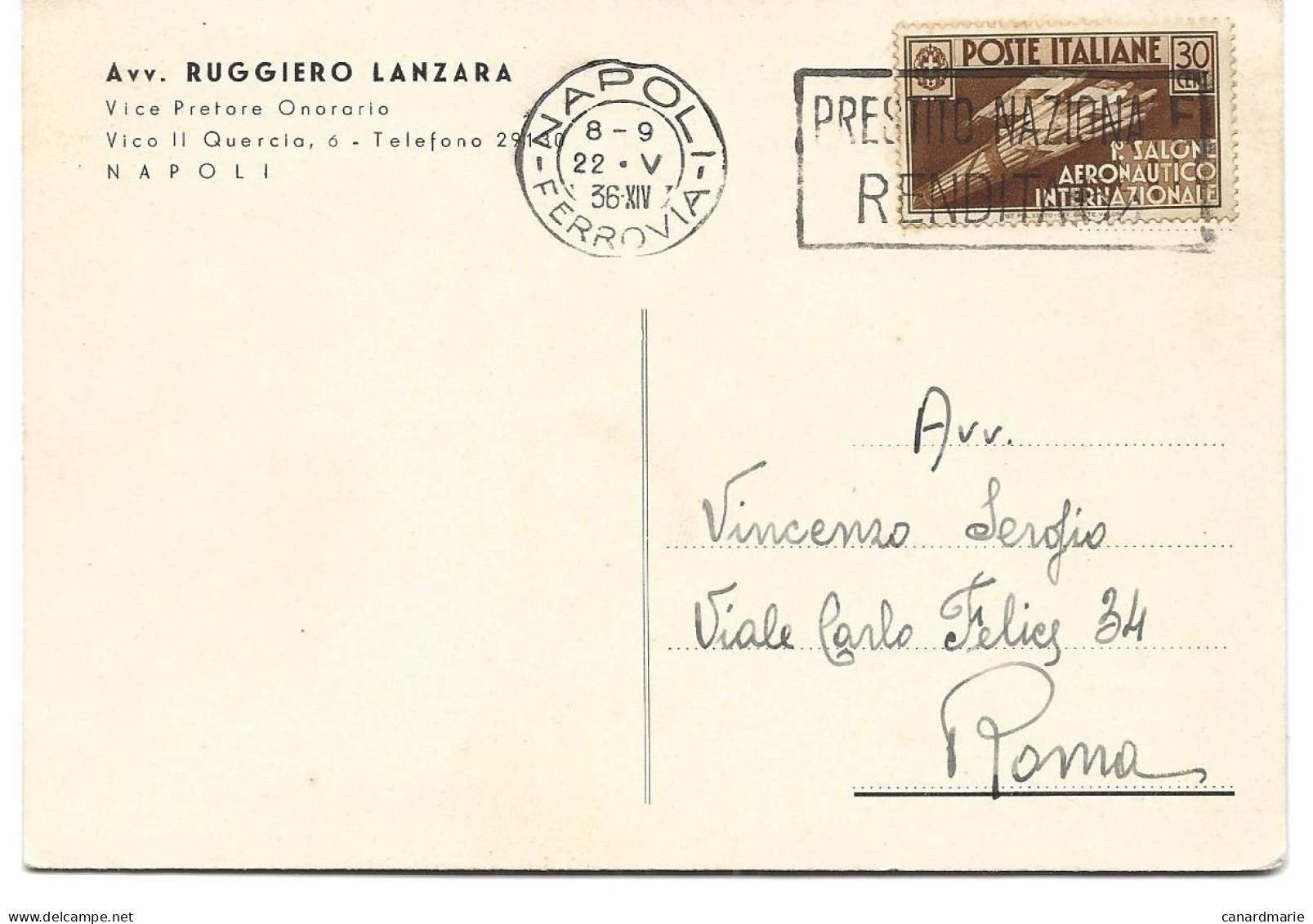 CARTE POSTALE 1936 AVEC TIMBRE A 30 CENT 1° SALONE AERONAUTICO INTERNAZIONALE - Marcofilie