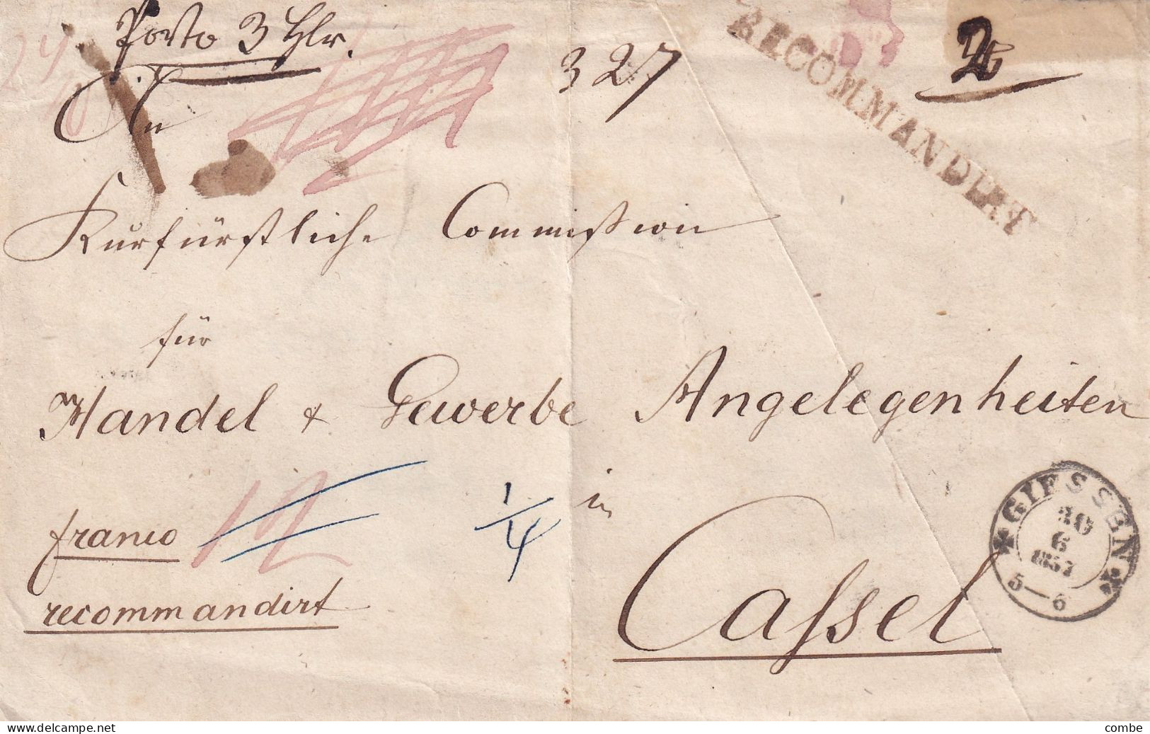 VIEILLE LETTRE DEVANT. ALLEMAGNE. RECOMANDIRT. GIFSSEN - CASSEL. FRANCO 12. 1/4. PORTO 3g - Prephilately