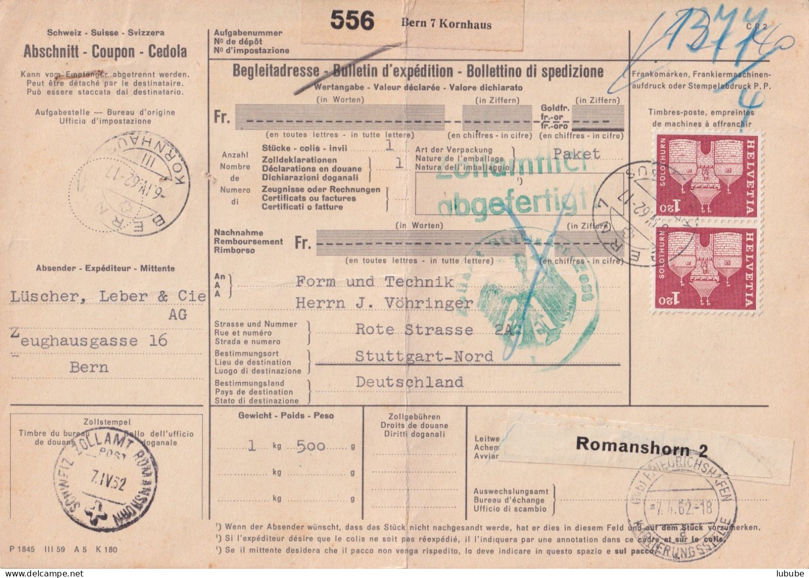 Begleitadresse  Bern Kornhaus - Stuttgart  (Zollamtlich Abgefertigt)       1962 - Lettres & Documents