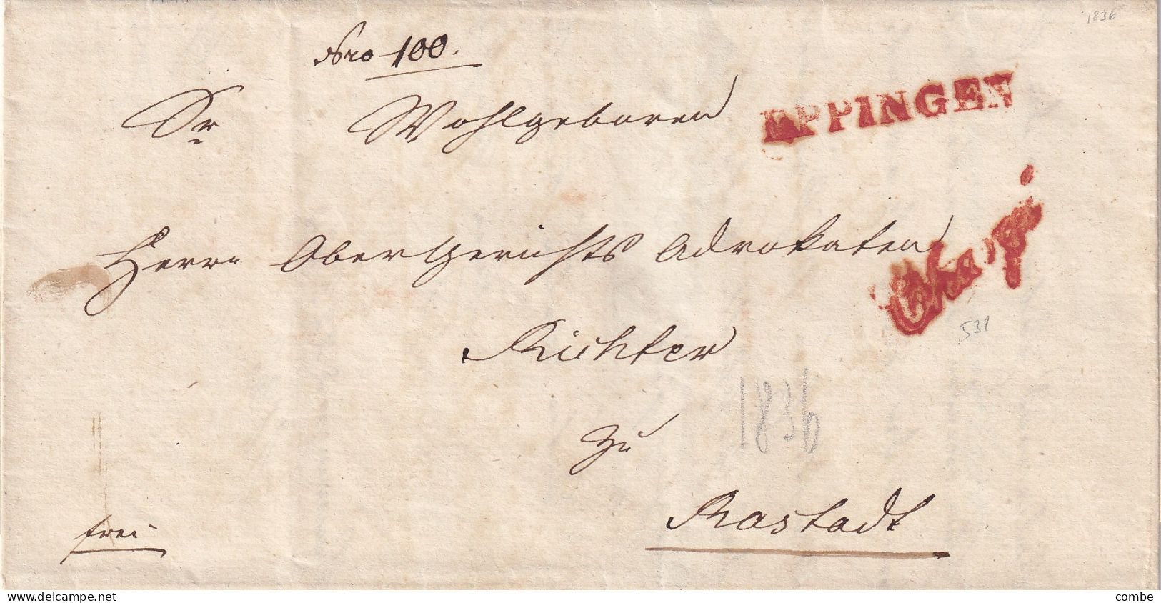 VIEILLE LETTRE. ALLEMAGNE. CHARGÉ. 1836. EPPINGEN - RASTATT - Prephilately