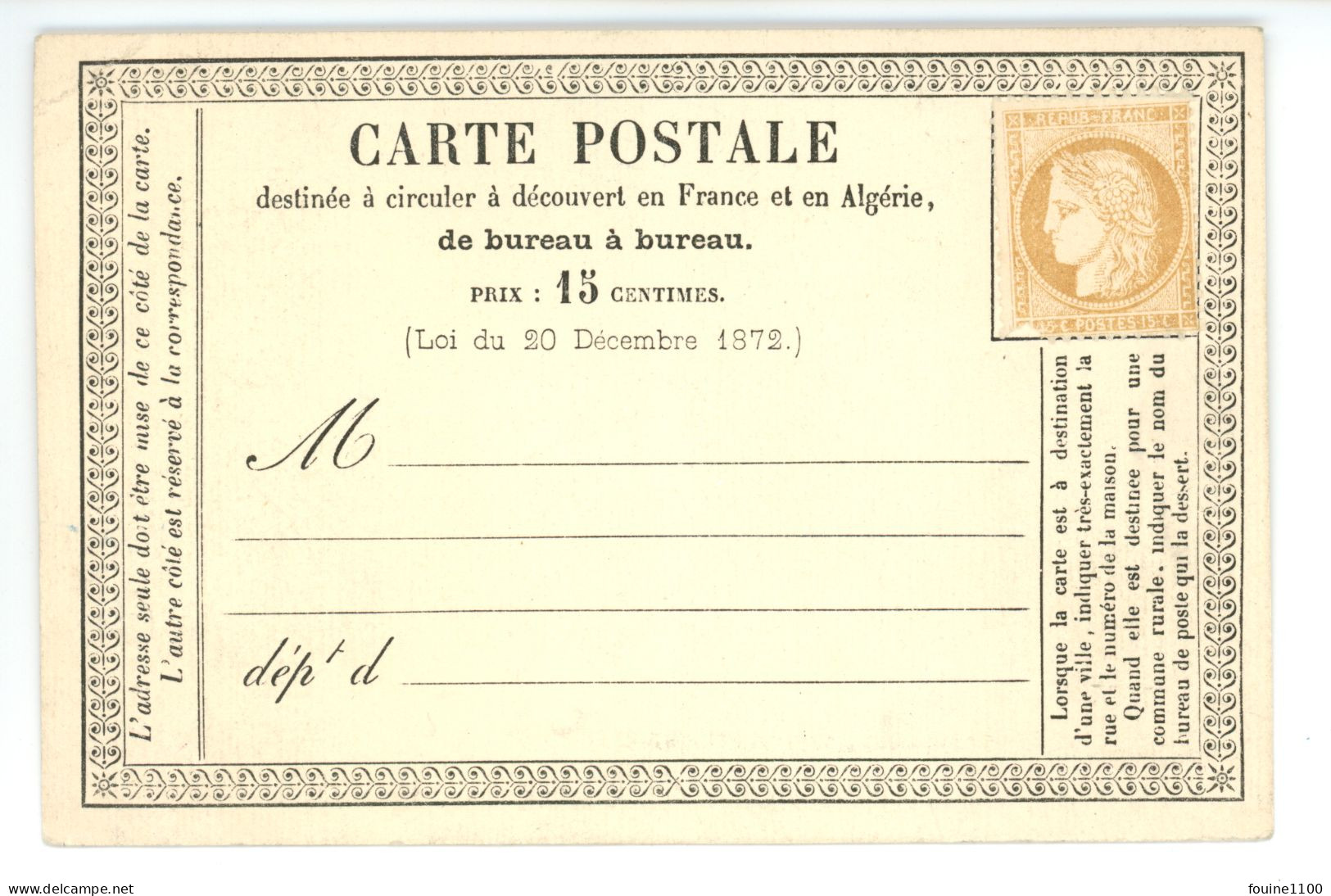 CARTE POSTALE PRECURSEUR Vierge ( Non écrite ) Avec Timbre Ceres 15c Bistre ( Année 1872 ) - 1849-1876: Classic Period