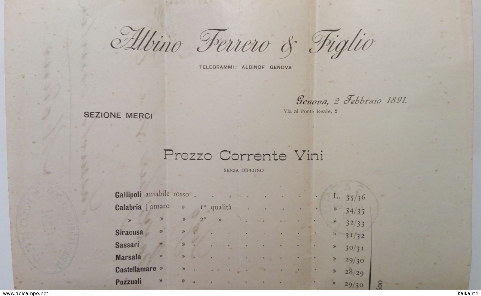 1891 - Listino Prezzi Vini Ditta Albino Ferrero & Figlio - Italia