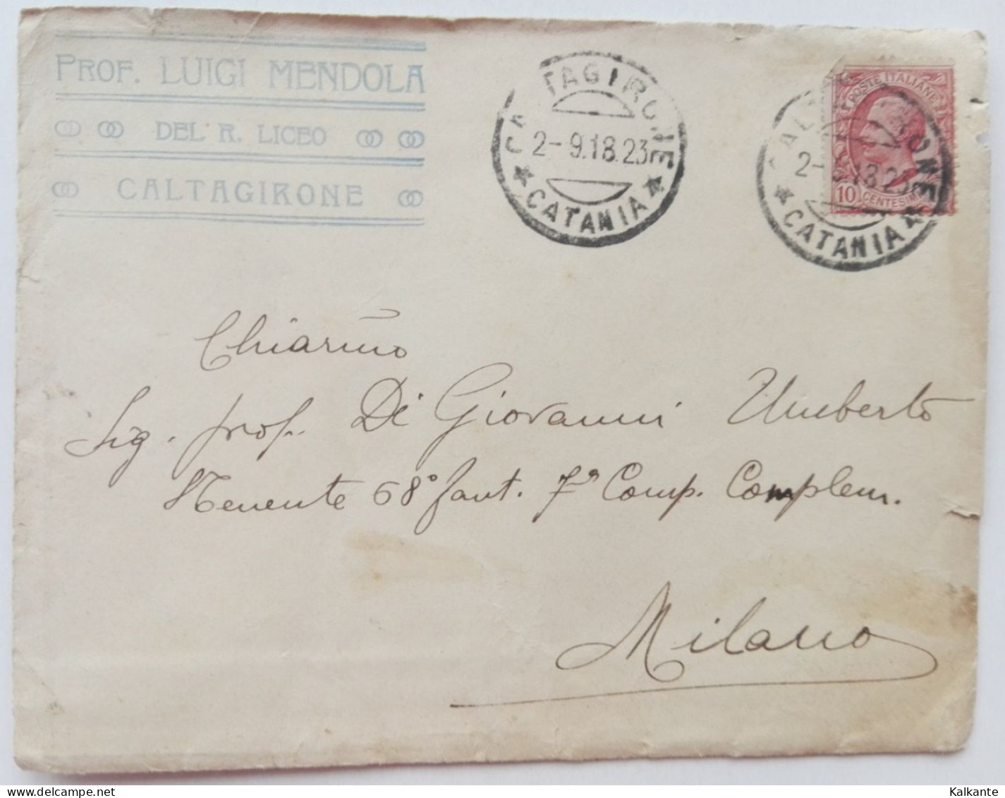 1918 - Busta Del Liceo Ginnasio "Secusio" Di Caltagirone (Catania) - Poststempel