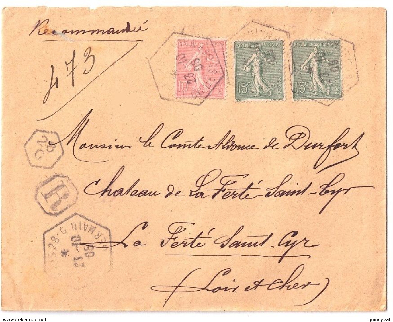 PARIS 28 C 66 Bd St Germain Lettre Recommandée Ob Hexagonale 23 10 1905 Semeuse Lignée 10c 15c Yv 129 130 - Manual Postmarks