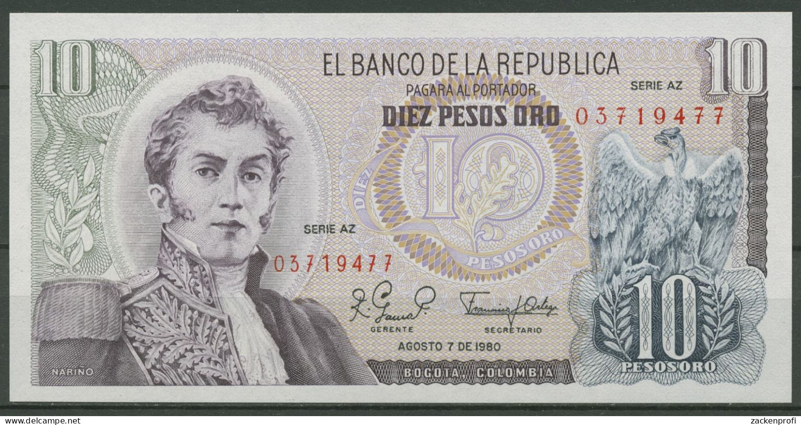 Kolumbien 10 Pesos 7.8.1980, KM 407 G Kassenfrisch (K541) - Kolumbien