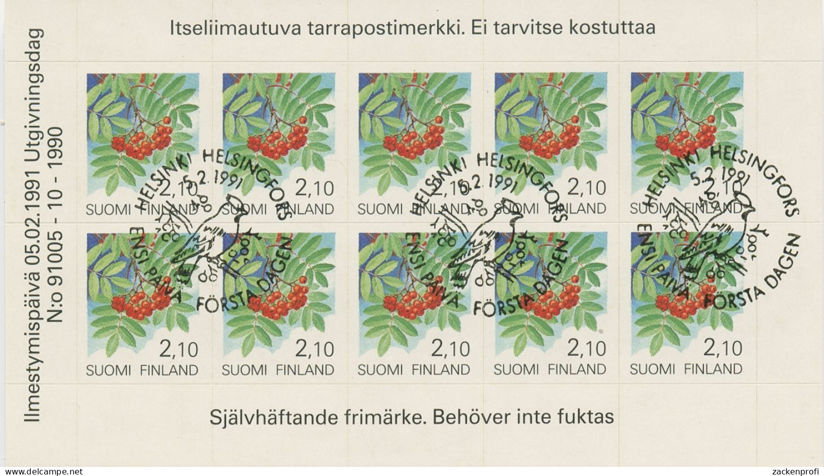 Finnland 1991 Freimarken Pflanzen Eberesche Folienblatt 1129 FB Gestemp.(C92303) - Usati