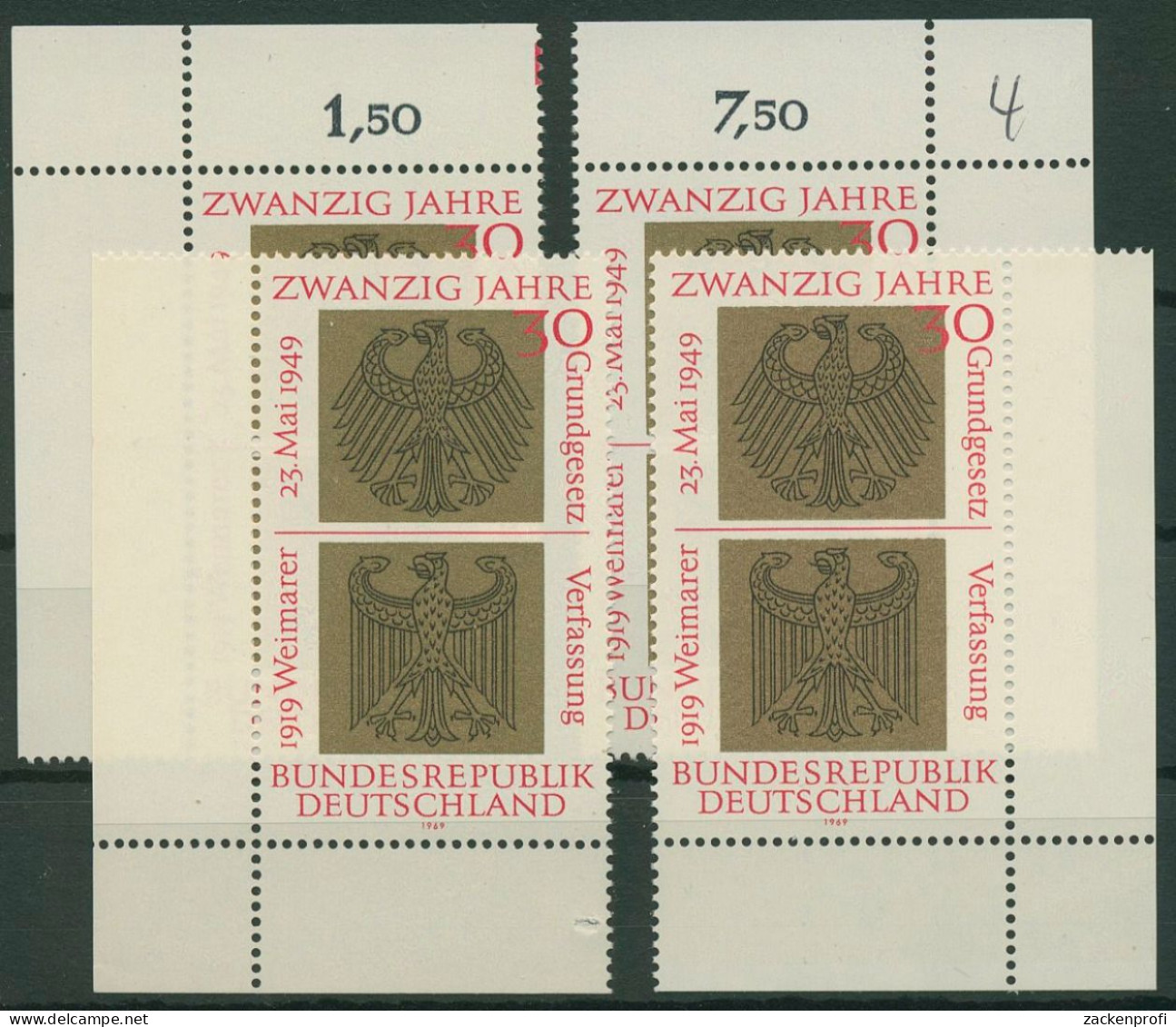 Bund 1969 20 Jahre Bund. Deutschland 585 Alle 4 Ecken Postfrisch (E814) - Unused Stamps