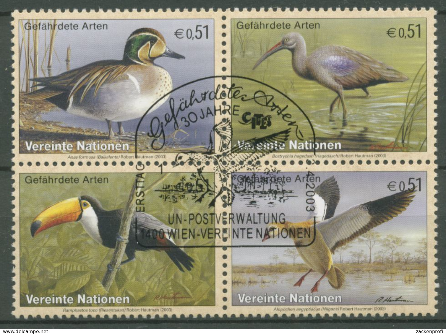 UNO Wien 2003 Gefährdete Tiere Vögel Ente Gans Tukan 389/92 ZD Gestempelt - Used Stamps