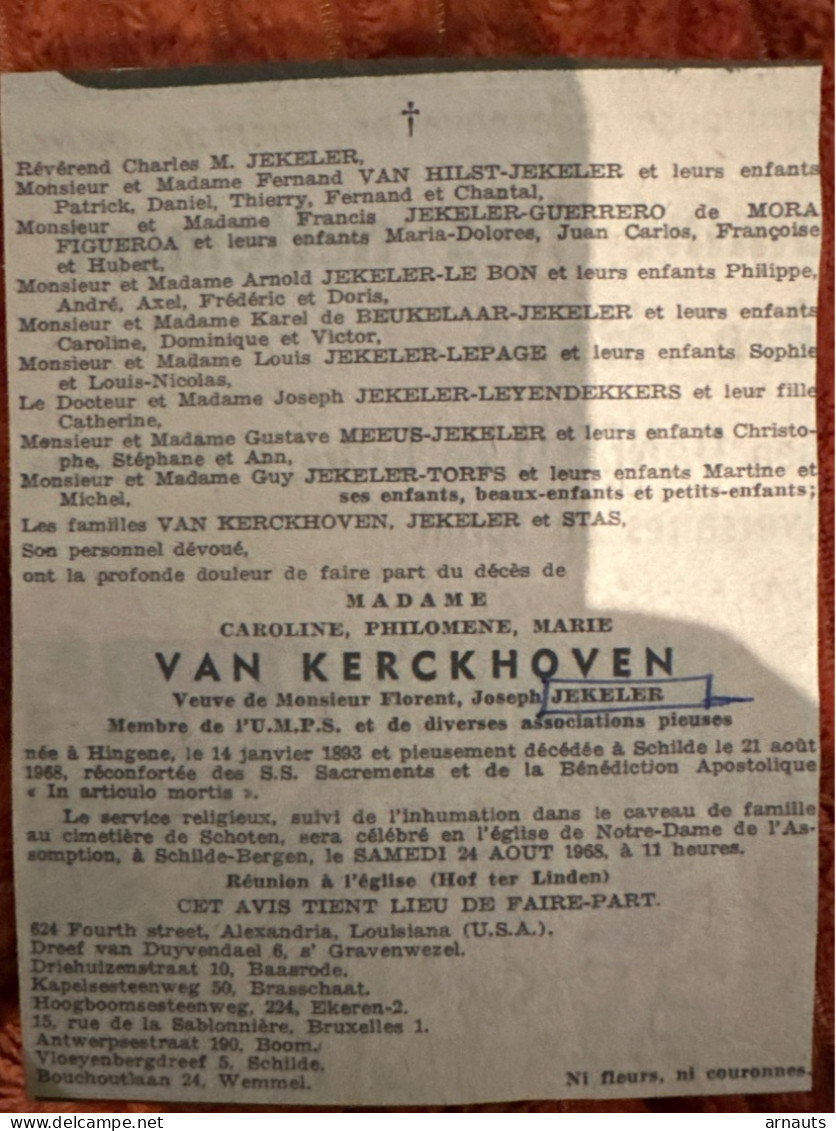 Madame Carline Van Kerckhoven Veuve Jekeler Florent *1893 Hingene +1968 Schilde De Beukelaar Van Hilst Meeus - Todesanzeige