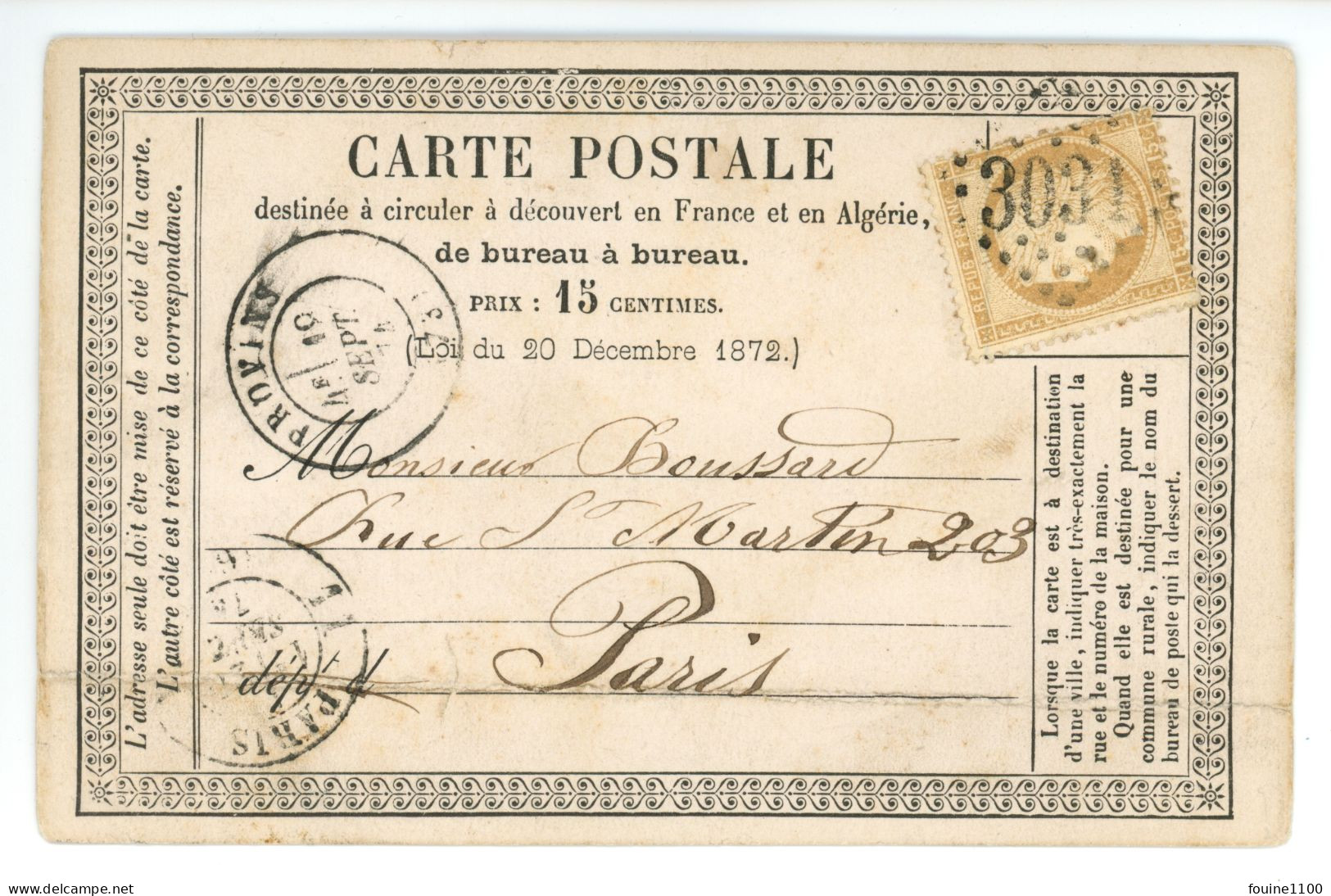 CARTE PRECURSEUR Envoyée De QUENTIN De PROVINS 77 Pour BOUSSARD 203 Rue Saint Martin à PARIS ( Année 1874 ) - 1849-1876: Période Classique