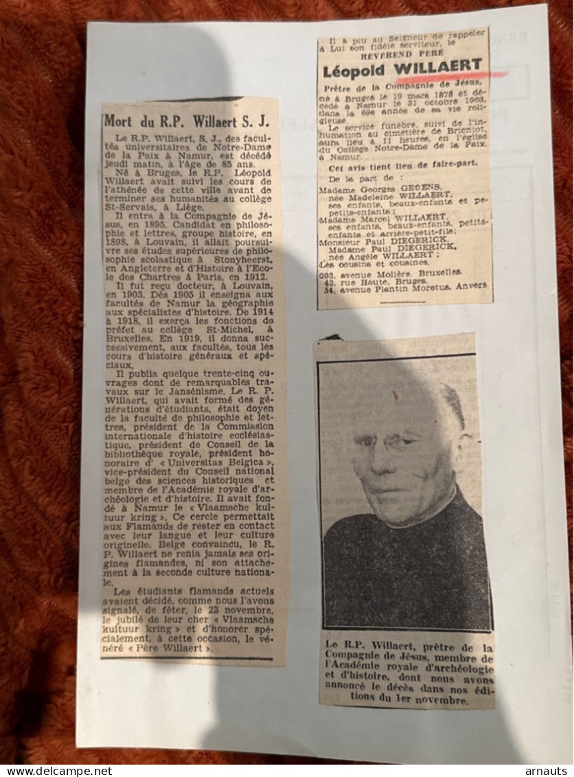 Reverend Pere Leopold Willaert *1878 Brugge +1963 Namur Pretre De La Compagnie De Jesus Facultes Universitaires Namur - Obituary Notices