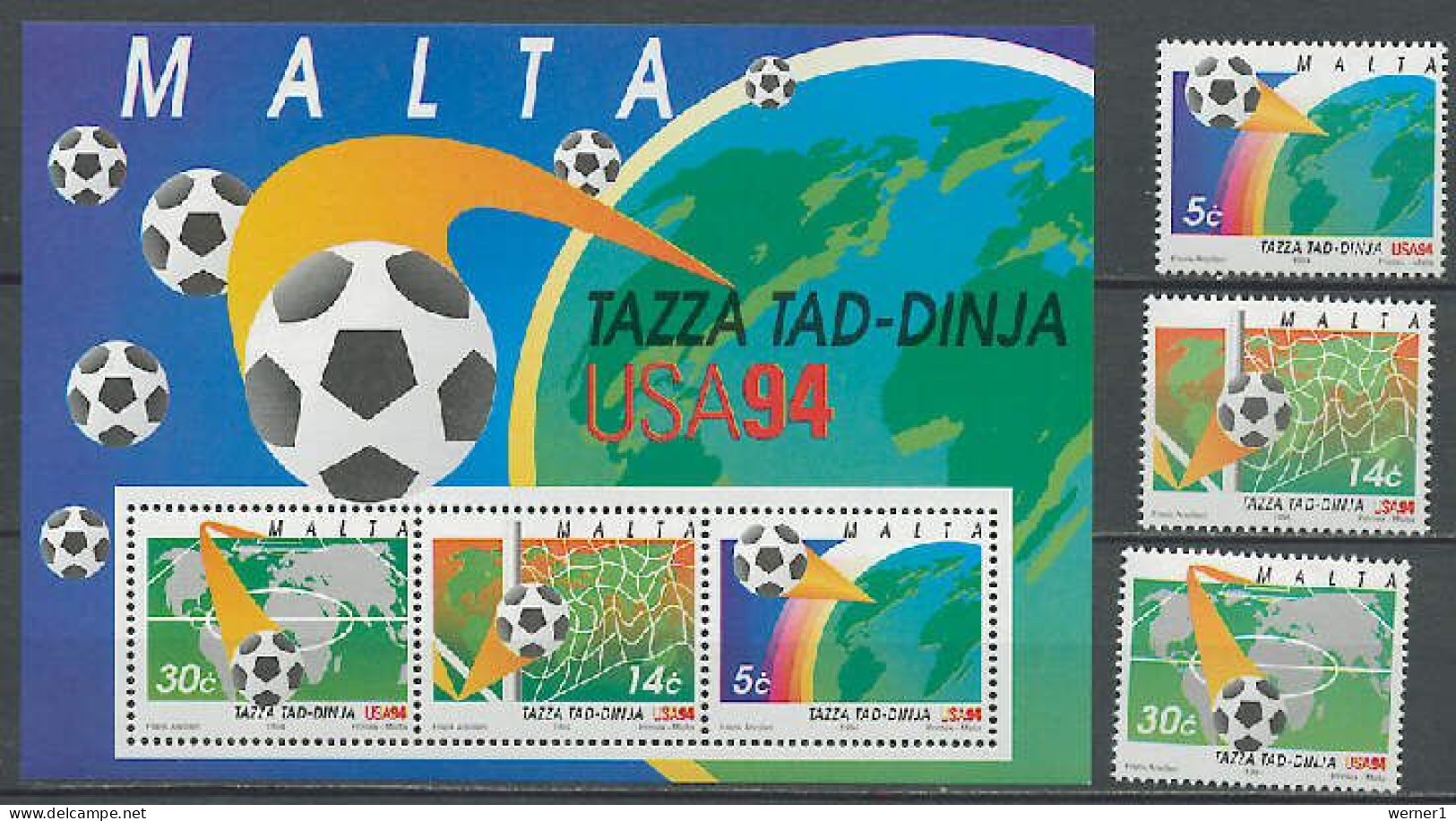 Malta 1994 Football Soccer World Cup, Set Of 3 + S/s MNH - 1994 – Estados Unidos