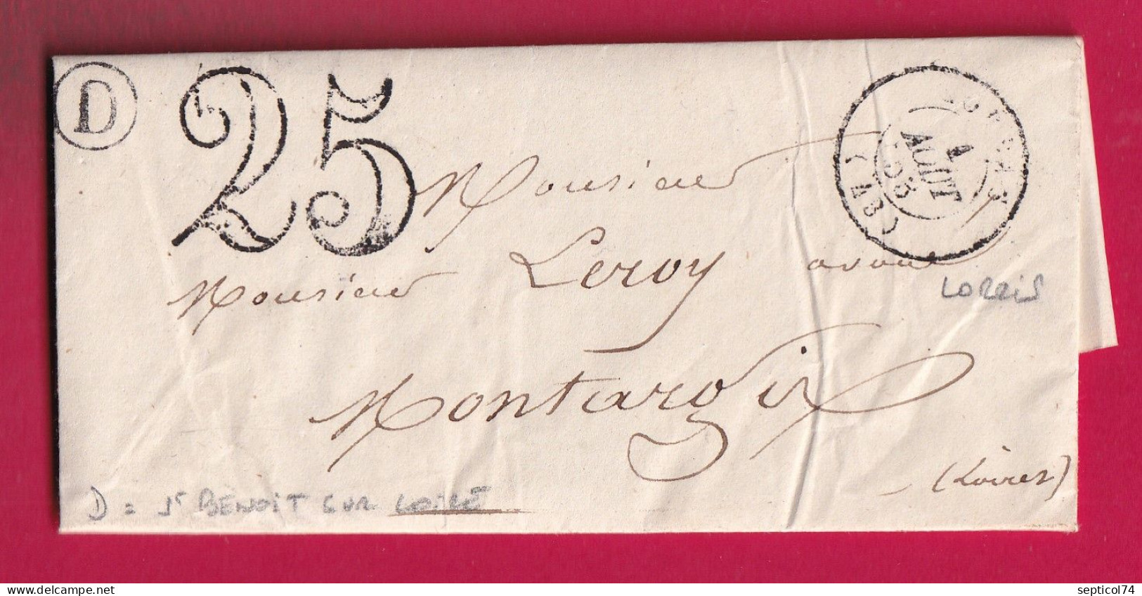 CAD TYPE 15 LORRIS LOIRET BOITE RURALE D ST BENOIT DU SAULT POUR MONTARGIS LETTRE - 1801-1848: Precursors XIX