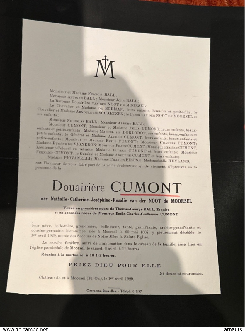 Douairiere Dumont Nee Van Der Noot De Moorsel Veuve Ball Esquire Et (2) Cumont *1887 Chateau De Moorsel +1929 Moorsel De - Obituary Notices