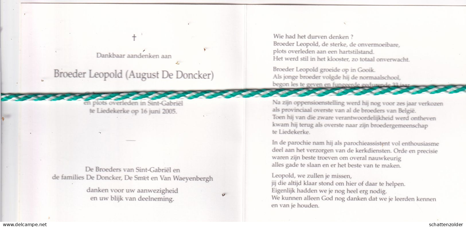 Broeder Leopold (August De Doncker), Gooik 1931, Liedekerke 2005. Foto - Obituary Notices