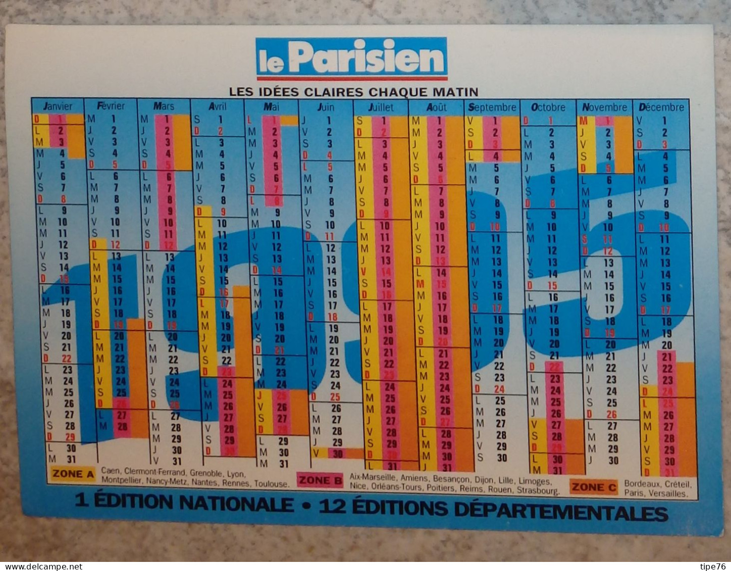 Petit Calendrier  De Poche 1995 Journal Le Parisien - Petit Format : 1991-00