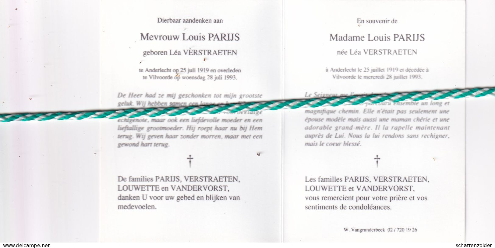Léa Verstraeten-Parijs, Anderlecht 1919,Vilvoorde 1993. Foto - Obituary Notices