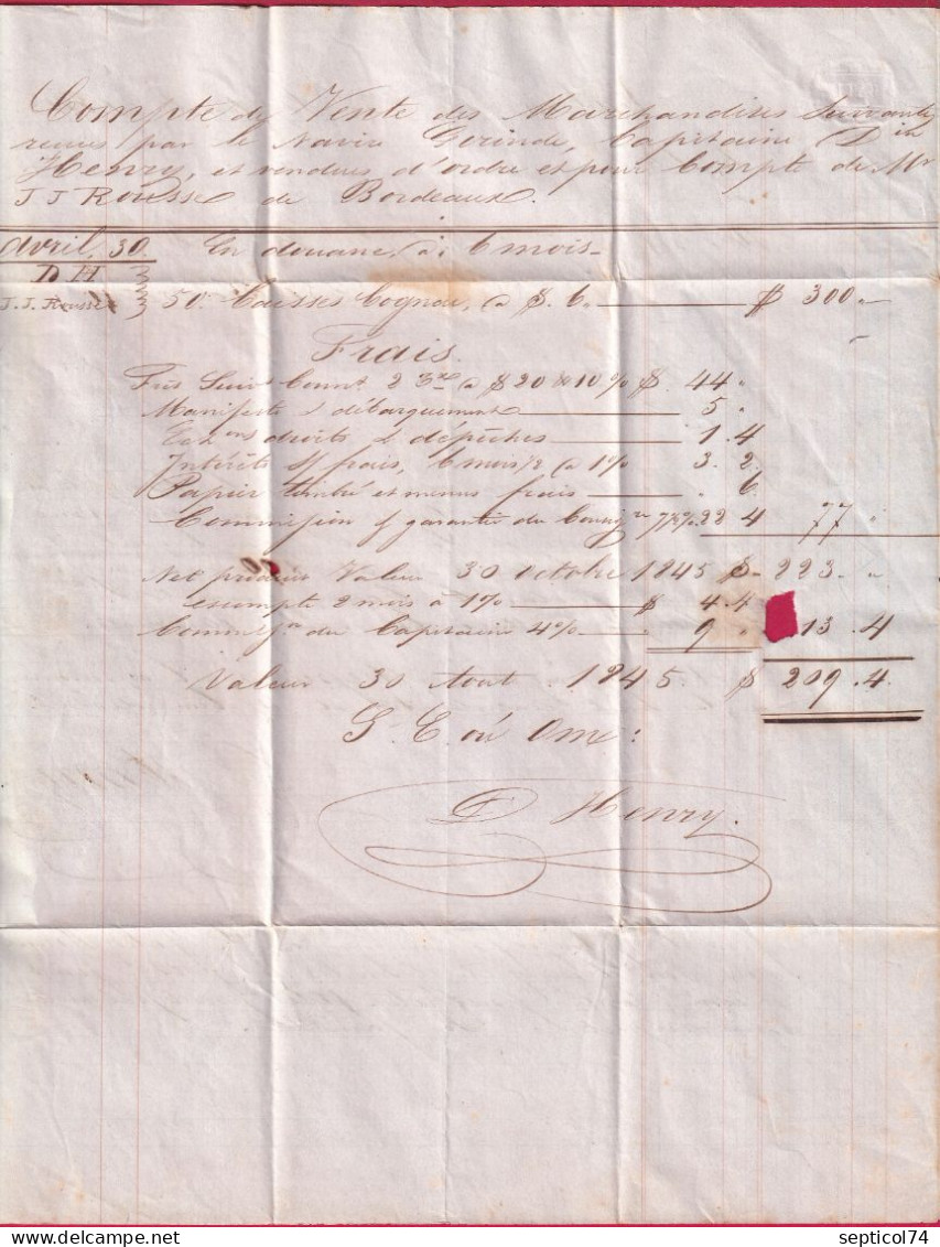 LETTRE DE VALPARAISO CHILE CHILI 1845 POUR BORDEAUX ENTREE OUTREMER LE HAVRE LETTRE - Correo Marítimo