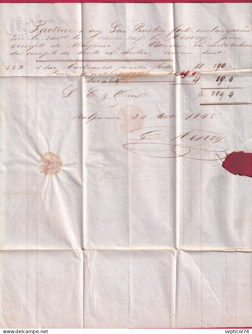 LETTRE DE VALPARAISO CHILE CHILI 1845 POUR BORDEAUX ENTREE OUTREMER LE HAVRE LETTRE - Correo Marítimo