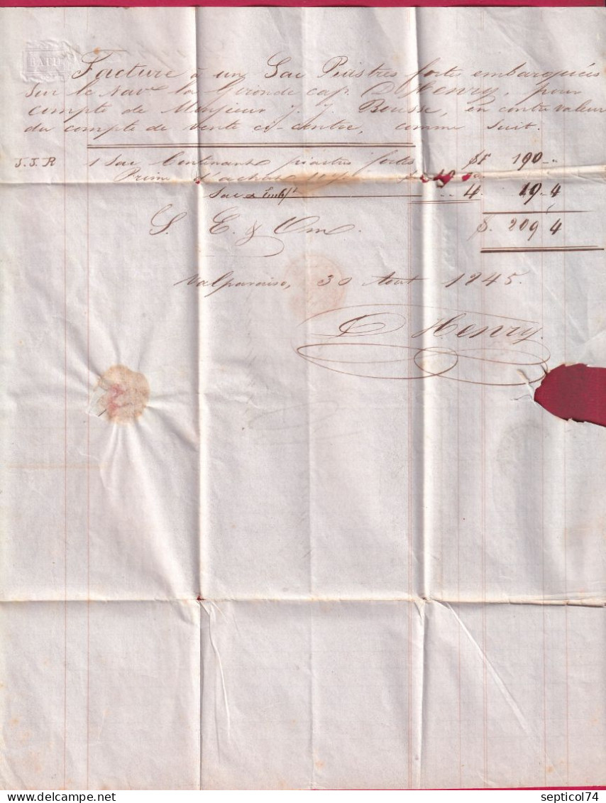 LETTRE DE VALPARAISO CHILE CHILI 1845 POUR BORDEAUX ENTREE OUTREMER LE HAVRE LETTRE - Maritieme Post