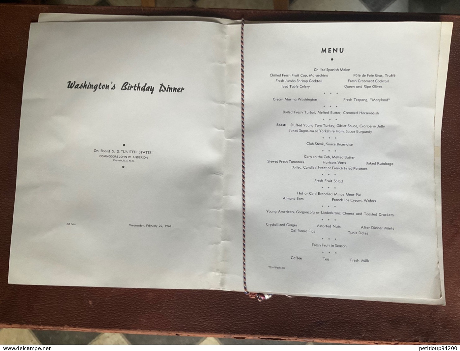 MENU Paquebot S.S. UNITED STATES  Washington’s Birthday Dinner. ANNEE1961 - Menú