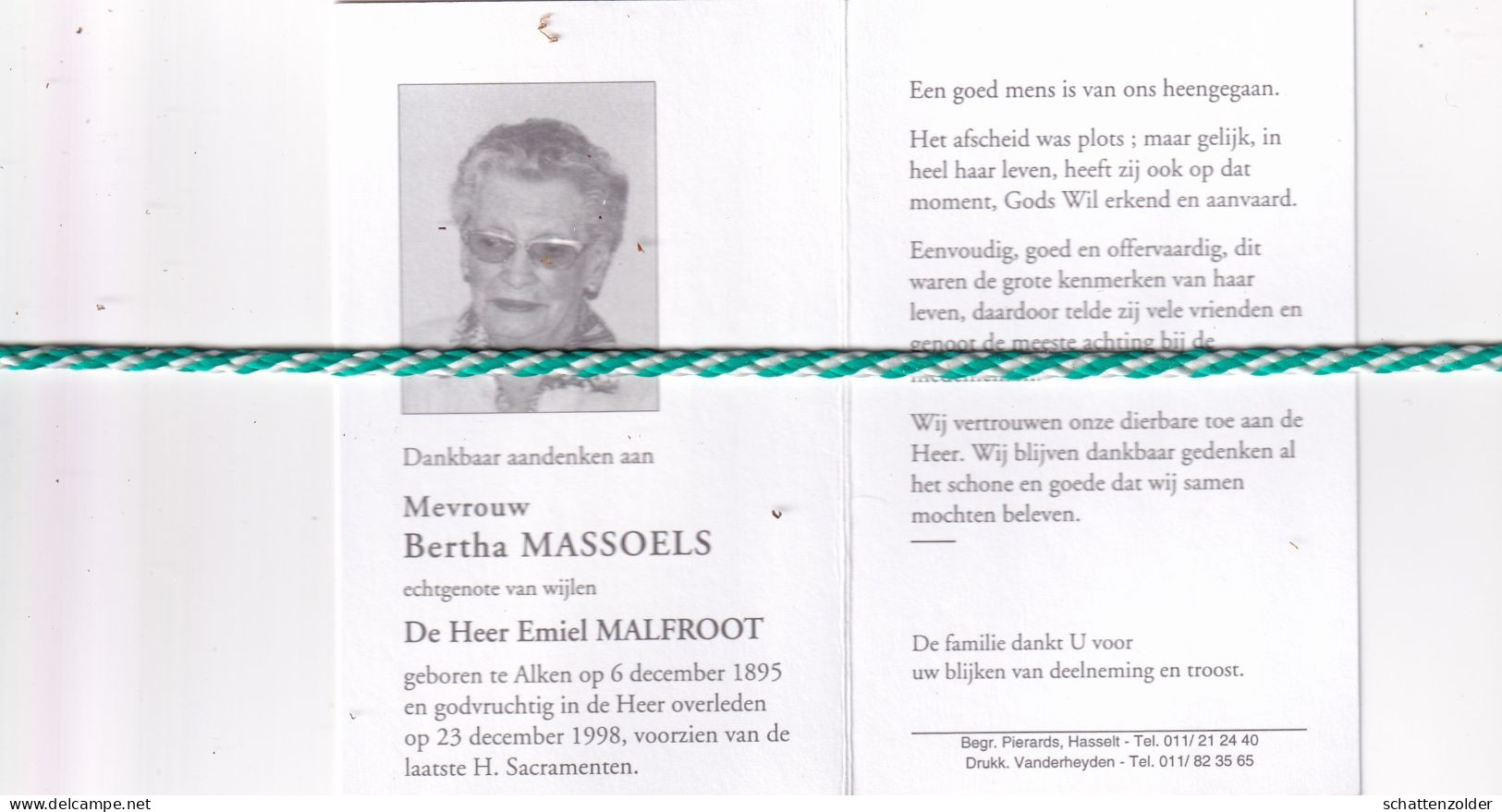Bertha Massoels-Malfroot, Alken 1895, 1998. Honderdjarige. Foto - Décès