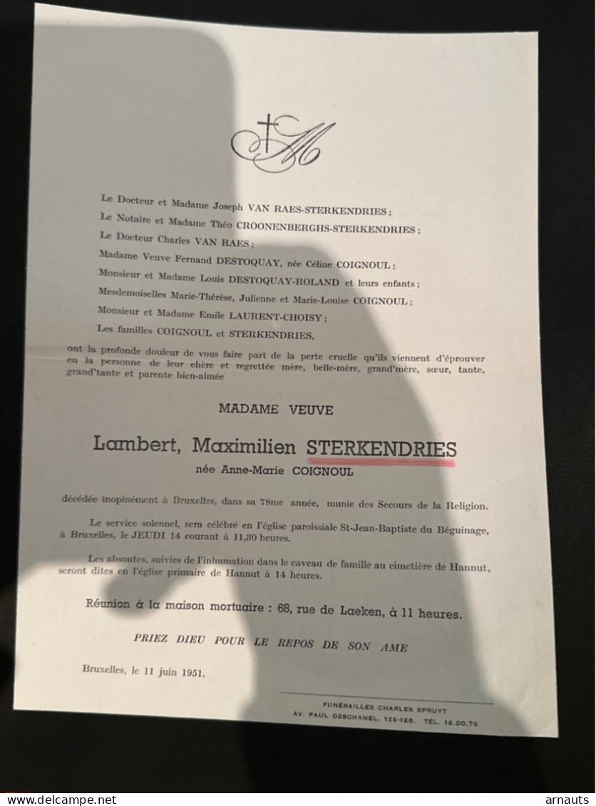 Veuve Lambert Sterkendries Nee Coignoul *1873+1951 Bruxelles Église St.-Jean Baptiste Du Beguinage BXL Hannut Van Raes D - Avvisi Di Necrologio