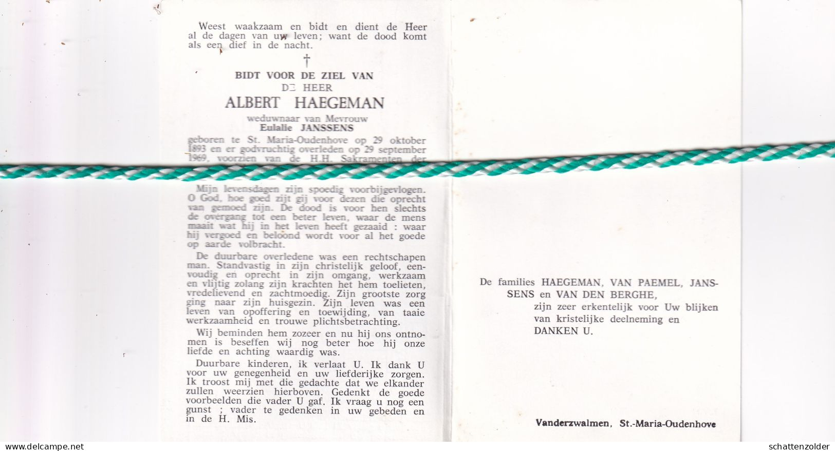 Albert Haegeman-Janssens, Sint-Maria-Oudenhove 1893, 1969 - Obituary Notices