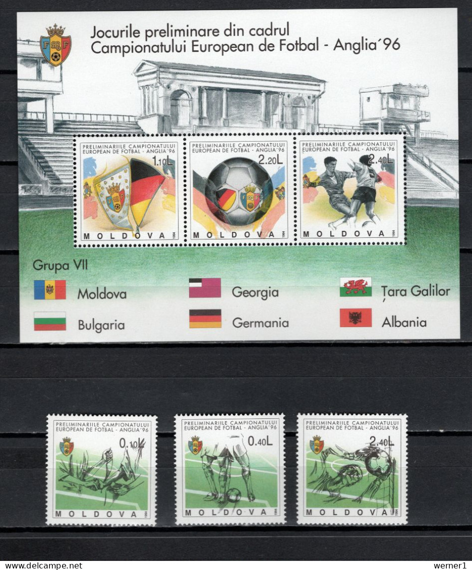 Moldova 1994 Football Soccer European Championship Set Of 3 + S/s MNH - Championnat D'Europe (UEFA)