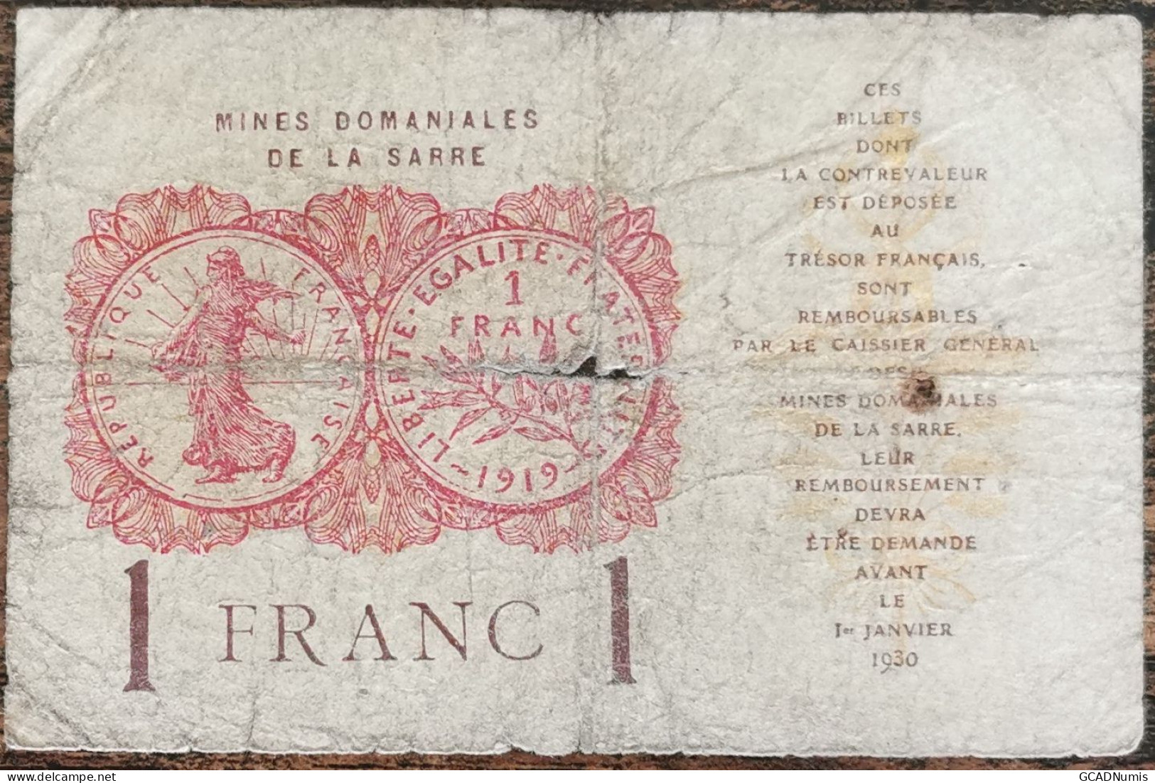 Billet De 1 Franc MINES DOMANIALES DE LA SARRE état Français A 360715  Cf Photos - 1947 Sarre