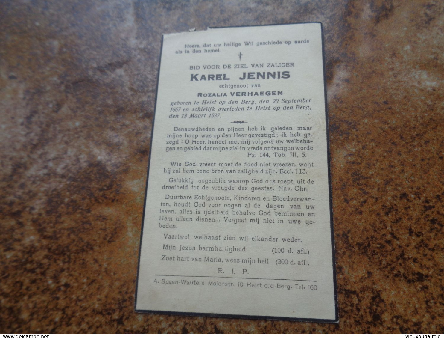 Doodsprentje/Bidprentje  KAREL JENNIS   Heist O/d Berg 1867-1937  (Echtg Rozalia VERHAEGEN) - Religion & Esotericism