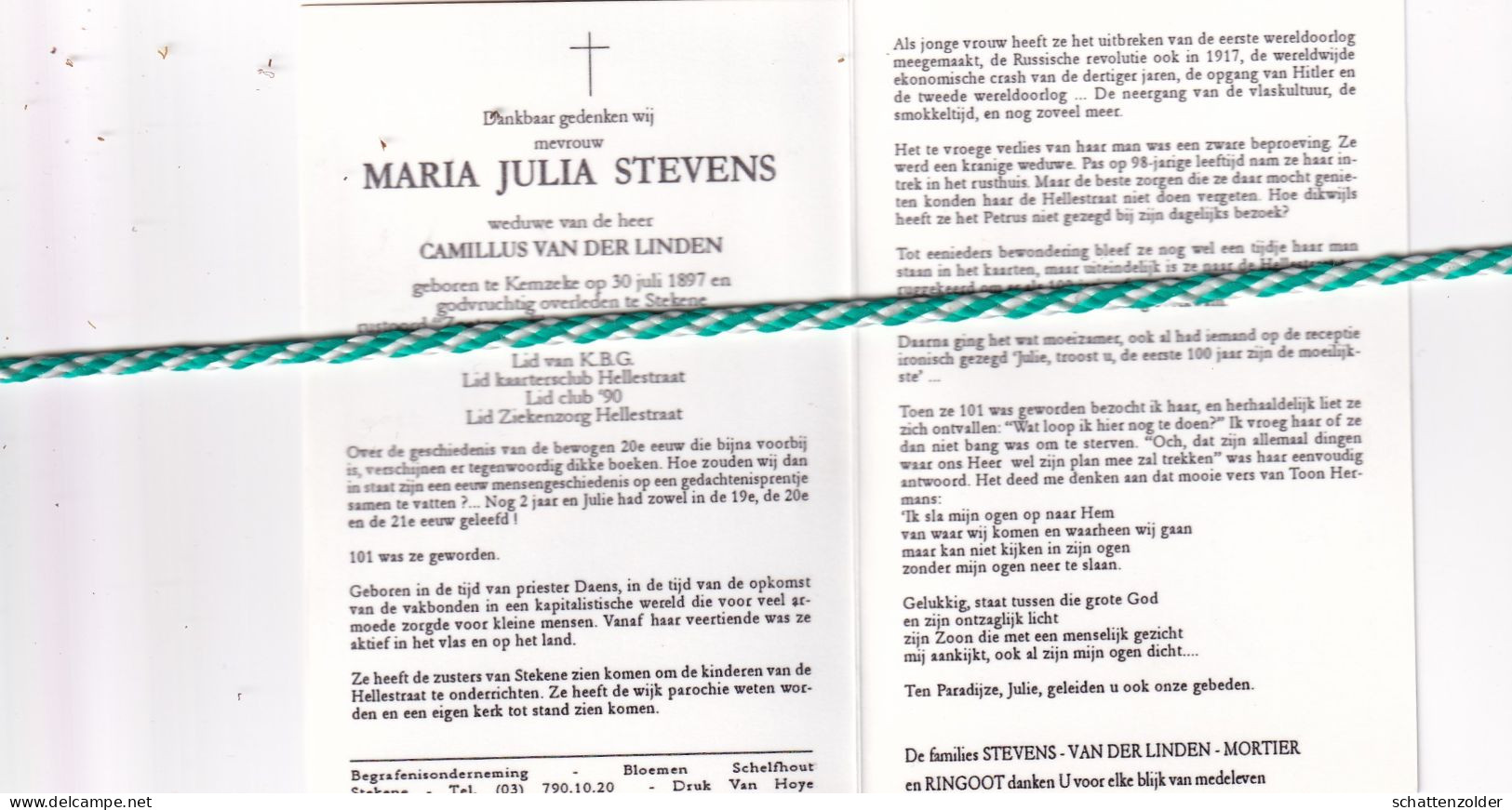 Maria Julia Stevens-Van Der Linden, Kemzeke 1897, Stekene 1998. Honderdjarige. Foto - Obituary Notices