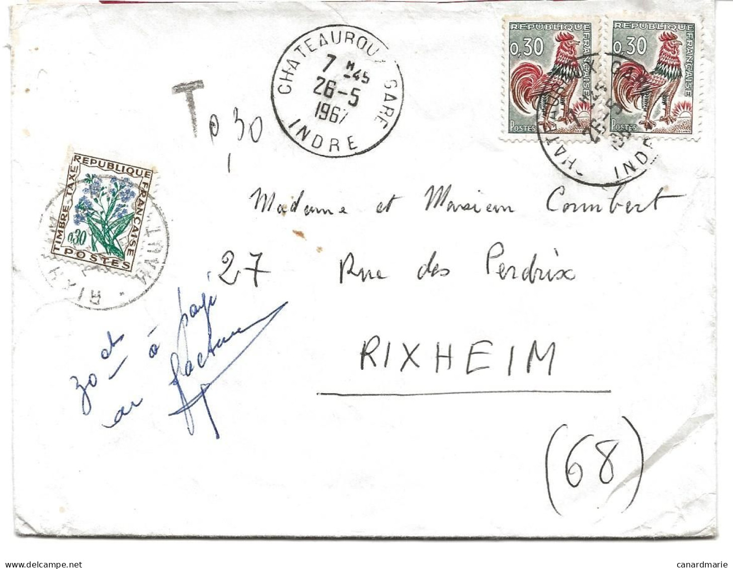 LETTRE 1967 AVEC 2 TIMBRES  A 30 CT TYPE COQ ET UN TIMBRE TAXE A 30 CT - 1960-.... Lettres & Documents